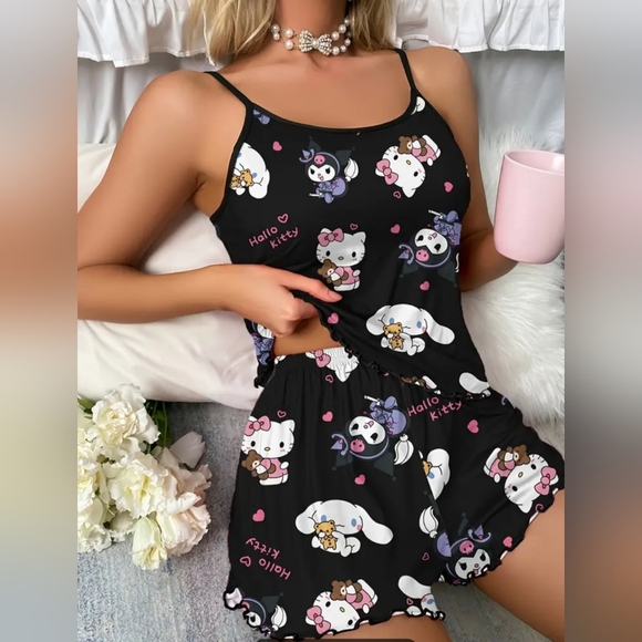 NEW Cute 2 Piece Spaghetti Strap Black Sanrio Characters Pajama Set (#1,351) - Picture 1 of 4